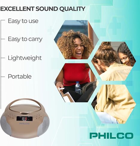 مشغل الأقراص المضغوطة المحمول من Philco مع مكبرات صوت وراديو AM FM | صندوق بوم أسود متوافق مع أقراص CD-R/CD-RW والأقراص الصوتية المضغوطة | مدخل ايه يو اكس 3.5 ملم | صوت ستيريو | شاشة LED | تعمل بالتيار المتردد/البطارية (متجددة) in Saudi Arabia