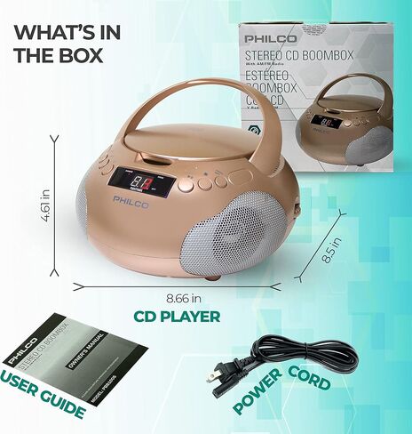 مشغل الأقراص المضغوطة المحمول من Philco مع مكبرات صوت وراديو AM FM | صندوق بوم أسود متوافق مع أقراص CD-R/CD-RW والأقراص الصوتية المضغوطة | مدخل ايه يو اكس 3.5 ملم | صوت ستيريو | شاشة LED | تعمل بالتيار المتردد/البطارية (متجددة) in Saudi Arabia