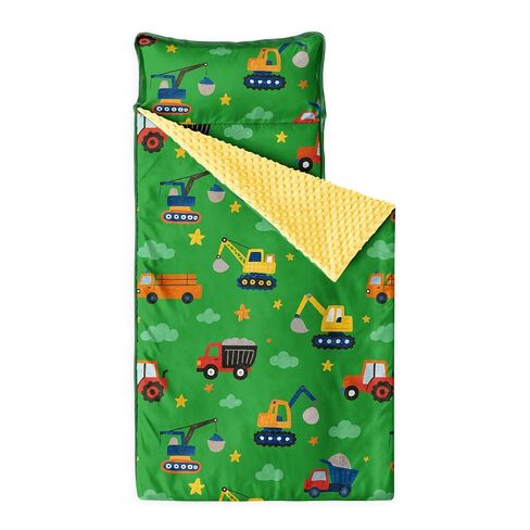 Wake In Cloud - Toddler Nap Mat with Pillow and Minky Fleece Blanket, for Kids Boys in Daycare Preschool Kindergarten, Roll Up Sleeping Bag, Cartoon Construction Car, Light Blue, Standard in Saudi Arabia