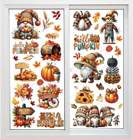 9 Sheets Fall Window Clings for Glass Windows, Hello Pumpkin Maple Leaves Truck Scarecrow Thankful Grateful Blessed Decals Double-Sided Stickers for Autumn Thanksgiving Harvest Party Home in Kuwait