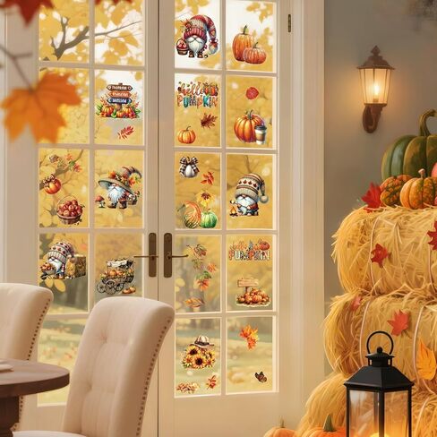 9 Sheets Fall Window Clings for Glass Windows, Hello Pumpkin Maple Leaves Truck Scarecrow Thankful Grateful Blessed Decals Double-Sided Stickers for Autumn Thanksgiving Harvest Party Home in Kuwait
