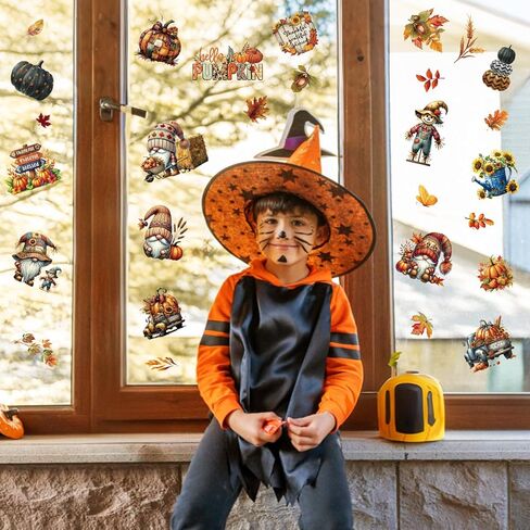 9 Sheets Fall Window Clings for Glass Windows, Hello Pumpkin Maple Leaves Truck Scarecrow Thankful Grateful Blessed Decals Double-Sided Stickers for Autumn Thanksgiving Harvest Party Home in Kuwait
