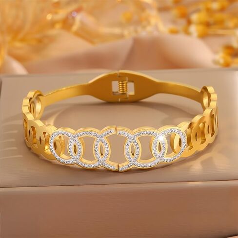 Chic Gold Stainless Steel Bracelet – Interlocking Circle Design with Sparkling rhinestones Accents in Saudi Arabia