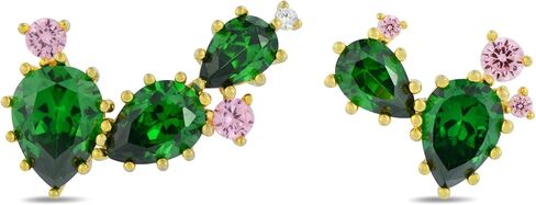 Gold-Plated Green And Pink 5A Cubic Zirconia CZ Asymmetric Cactus And Flower Unique Stud Earrings丨925 Sterling Silver Ear posts丨Plant-Themed and Desert Earrings丨Hypoallergenic Statement Jewelry Gift for Her Mom Women Wife in Saudi Arabia