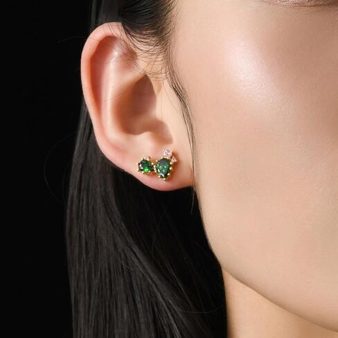 Gold-Plated Green And Pink 5A Cubic Zirconia CZ Asymmetric Cactus And Flower Unique Stud Earrings丨925 Sterling Silver Ear posts丨Plant-Themed and Desert Earrings丨Hypoallergenic Statement Jewelry Gift for Her Mom Women Wife in Saudi Arabia