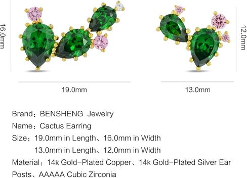 Gold-Plated Green And Pink 5A Cubic Zirconia CZ Asymmetric Cactus And Flower Unique Stud Earrings丨925 Sterling Silver Ear posts丨Plant-Themed and Desert Earrings丨Hypoallergenic Statement Jewelry Gift for Her Mom Women Wife in Saudi Arabia