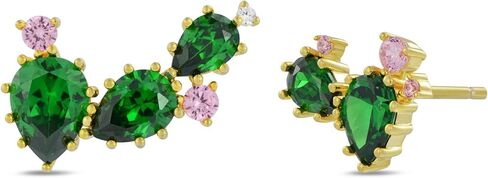 Gold-Plated Green And Pink 5A Cubic Zirconia CZ Asymmetric Cactus And Flower Unique Stud Earrings丨925 Sterling Silver Ear posts丨Plant-Themed and Desert Earrings丨Hypoallergenic Statement Jewelry Gift for Her Mom Women Wife in Saudi Arabia