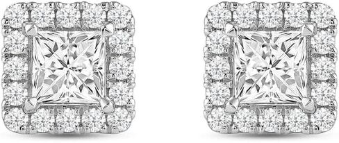 saavyco_jewels 1.00 Ct Princess Cut White Diamond Halo Women's Stud Earrings With 925 Sterling Silver 14k White Gold Finish in Saudi Arabia