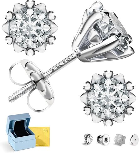 Moissanite Earrings Screw Back, D Color VVS1 Clarity Lab Created Hypoallergenic Moissanite Stud Earrings, 18K White Gold Plated 925 Sterling Silver Fake Diamond Stud Heart Earrings for Women Jewelry Gifts(0.5-3ct) in Saudi Arabia