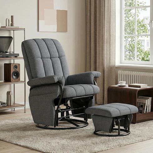 JIASTING 360° Swivel Leather Recliner Chair with Ottoman & Double Side Pockets, Nursing Glider Rocking Recliner Chair, Gliding Chairs for Nursery, Office, Living Room, Bedroom, Metal Frame (White) in Saudi Arabia