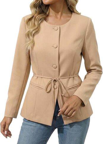 Mina Self 2026 Spring Women's Belt Casual Blazer Jacket - Crew Neck Full-Lined Button Down Split Hem Work Office Pocket in Kuwait