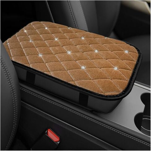 Bling Car Center Console Cover, Crystal Rhinestone Armrest Seat Box Cover Vehicle Decorative Mat, Fluffy Arm Rest Cushion Pad Auto Interior Accessory for Women Girls (Black) in Saudi Arabia