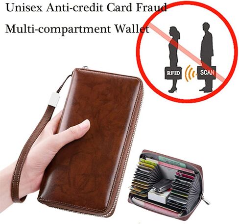 محفظة متعددة الأقسام مضادة للاحتيال على بطاقات الائتمان للجنسين، 24 فتحة RFID حامل بطاقات كبير طويل من الجلد بسحاب منظم ومحفظة أكورديون، سعة تخزين كبيرة (بني) in Saudi Arabia