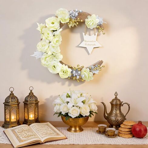 Ramadan Decorations Wreaths for Front Door, Wood Moon Star Artificial Flower Wreaths Ramadan Eid Decorations for Home Floral Hanging Garland for Wall Window Eid Mubarak Kareem Decor Wedding in Saudi Arabia