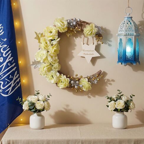 Ramadan Decorations Wreaths for Front Door, Wood Moon Star Artificial Flower Wreaths Ramadan Eid Decorations for Home Floral Hanging Garland for Wall Window Eid Mubarak Kareem Decor Wedding in Saudi Arabia