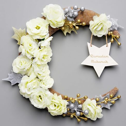 Ramadan Decorations Wreaths for Front Door, Wood Moon Star Artificial Flower Wreaths Ramadan Eid Decorations for Home Floral Hanging Garland for Wall Window Eid Mubarak Kareem Decor Wedding in Saudi Arabia