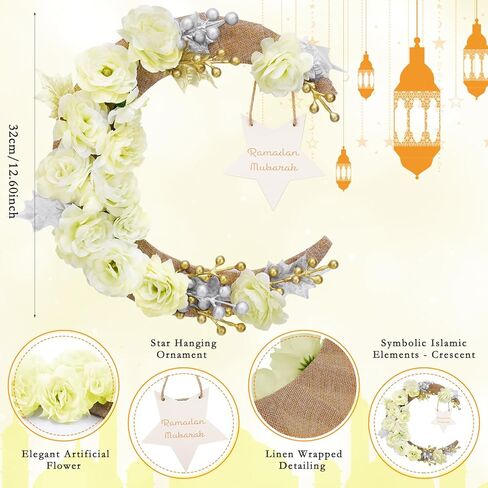 Ramadan Decorations Wreaths for Front Door, Wood Moon Star Artificial Flower Wreaths Ramadan Eid Decorations for Home Floral Hanging Garland for Wall Window Eid Mubarak Kareem Decor Wedding in Saudi Arabia