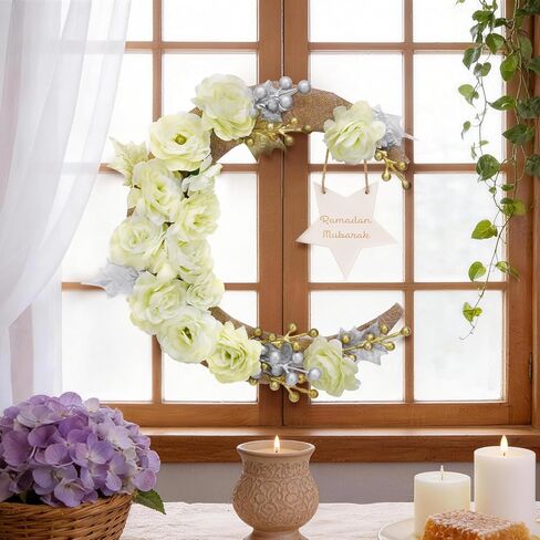 Ramadan Decorations Wreaths for Front Door, Wood Moon Star Artificial Flower Wreaths Ramadan Eid Decorations for Home Floral Hanging Garland for Wall Window Eid Mubarak Kareem Decor Wedding in Saudi Arabia