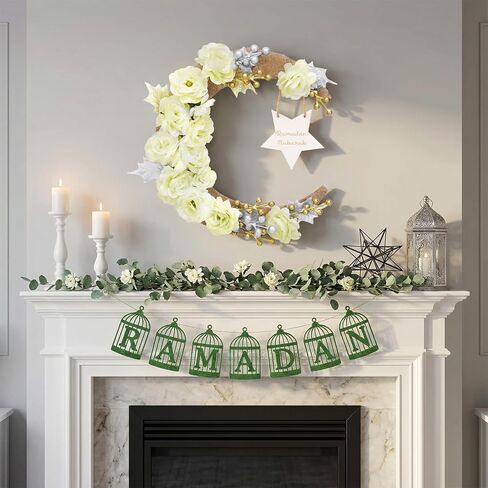 Ramadan Decorations Wreaths for Front Door, Wood Moon Star Artificial Flower Wreaths Ramadan Eid Decorations for Home Floral Hanging Garland for Wall Window Eid Mubarak Kareem Decor Wedding in Saudi Arabia