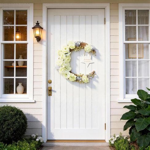 Ramadan Decorations Wreaths for Front Door, Wood Moon Star Artificial Flower Wreaths Ramadan Eid Decorations for Home Floral Hanging Garland for Wall Window Eid Mubarak Kareem Decor Wedding in Saudi Arabia