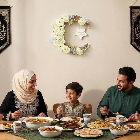 Ramadan Decorations Wreaths for Front Door, Wood Moon Star Artificial Flower Wreaths Ramadan Eid Decorations for Home Floral Hanging Garland for Wall Window Eid Mubarak Kareem Decor Wedding in Saudi Arabia