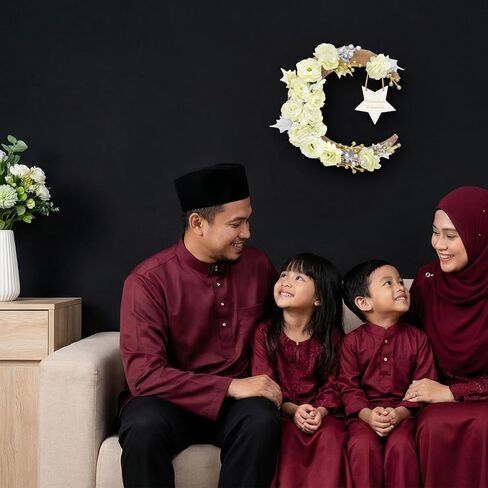 Ramadan Decorations Wreaths for Front Door, Wood Moon Star Artificial Flower Wreaths Ramadan Eid Decorations for Home Floral Hanging Garland for Wall Window Eid Mubarak Kareem Decor Wedding in Saudi Arabia