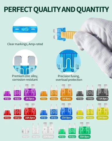 مجموعة مصهر السيارة Unee 120 قطعة قياسية صغيرة الحجم مع جهاز اختبار سحب للسيارات والشاحنات RV والدراجات النارية والإصلاح الكهربائي في حالات الطوارئ (ثلاثة أحجام، ثمانية من كل منها: 3A/5A/7.5A/10A/15A/20A/25A/30A) in Kuwait