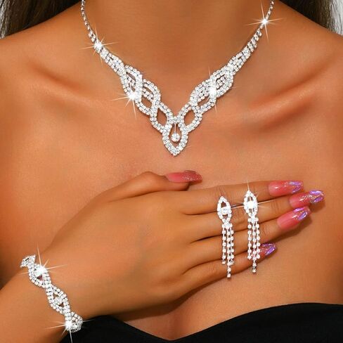Sixexey Rhinestone Bridal Wedding Jewelry Set Silver Prom Jewelry Accessories for Women in Saudi Arabia