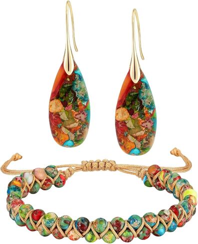 Healing Stone Series Set: Colorful Gold Earrings+ Healing Bracelet in Kuwait
