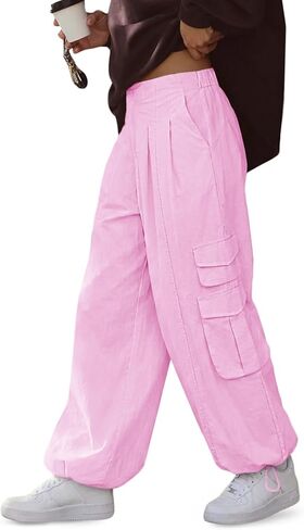 Fisoew Womens Wide Leg Cargo Pants Elastic High Waisted Casual Loose Adjustable Ankles Baggy Parachute Trousers Pockets in Saudi Arabia