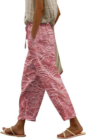 Womens Summer Boho Floral Print Linen Pants Drawstring Elastic Hight Waist Casual Loose Capri Pants with Pockets in Kuwait