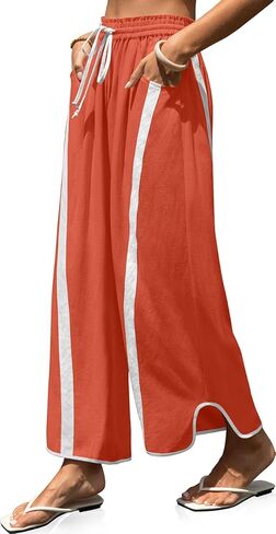 TARSE Womens Linen Wide Leg Pants Baggy Casual Drawstring Elastic Waisted Contrast Color Loose Y2K Pants with Pocket in Saudi Arabia
