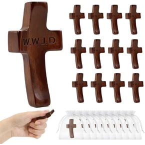 10 قطع من صليب خشبي مصنوع يدويًا من WWJD - W.W.J.D، ماذا سيفعل يسوع صليب صلاة الجيب، هدايا عيد الفصح الدينية مع أكياس الأورجانزا (بني) in Kuwait