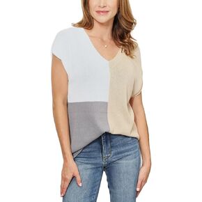 Women's Casual Knit Top Color Block V-Neck Knit Top Beige/White/Gray Lightweight Cotton Blend Short Sleeve Pullover in Kuwait