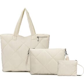 Quilted Tote Bag Set for Women, Puffer Shoulder Bag with Crossbody Purse and Small Pouch, Lightweight Travel Work Gym Handbag in Saudi Arabia