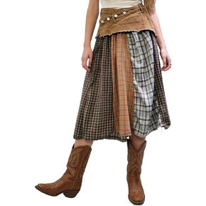 التنانير النسائية عالية الخصر منقوشة ميدي التنانير الجينز الطويلة المرقعة in Kuwait