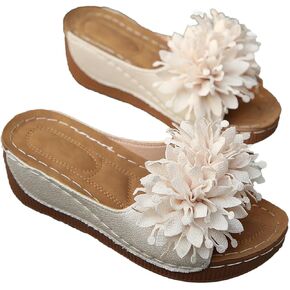 المرأة متأنق زهرة إسفين الصنادل المسطحة جولة المفتوحة تو منصة الشرائح الصيف الشاطئ مريحة بوهو أحذية الشقق صندل in Kuwait