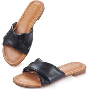 صنادل مسطحة نسائية مستديرة مفتوحة من الأمام مريحة موضة لطيفة للسيدات صنادل نسائية صيفية أنيقة من الجلد المسطح أحذية شاطئ عصرية غير رسمية مقاس 6-11 in Kuwait