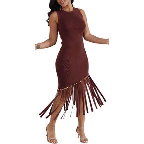 Ryehack Women’s Vintage Sleeveless Knit Bodycon Midi Dress Asymmetrical Fringe Hem & Metal Bead Detail Cocktail Party Dress in Kuwait