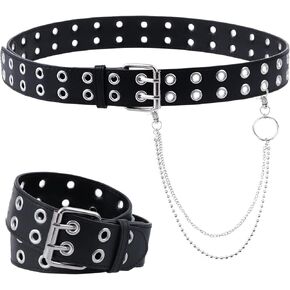 حزام جلدي بحلقة مزدوجة مع سلسلة قابلة للفصل للنساء والرجال، أحزمة جينز معدنية من نوع Punk Rock مع فتحتين باللون الأسود in Kuwait