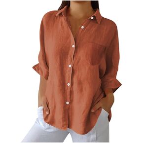 Women Button Down Shirts Cotton Linen Blouse Tops Long Sleeve Gauze Collar Shirt Tunic Loose Fit in Saudi Arabia
