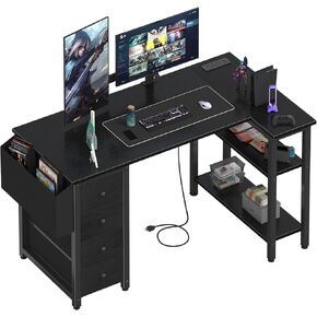 Lufeiya L Shaped Gaming Desk with Power Outlet, 47 Inch Reversible Corner Computer Desk with Drawers & Storage Shelves for Home Office Bedroom, L-Shaped Teen PC Desks with Fabric Drawer, Black in Kuwait