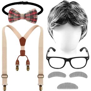 Old Man Costume, Senior Citizen Costume with Wig Glasses Mustache Bow Tie Suspenders in Kuwait