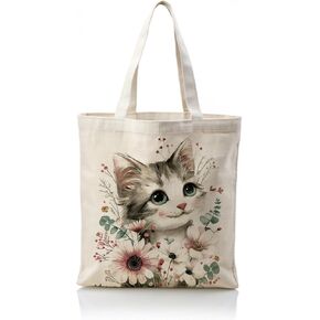 Aesthetic Cat and Flower Canvas Tote Bags, Reusable Shopping Bags, Cute Cats Aesthetic Reusable Tote Bag for Shopping Beach Grocery Work, Gift For Cat Lover Friends in Saudi Arabia
