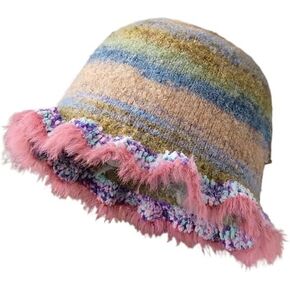Women's Y2K Aesthetics Knitted Cap Harajuku Fairycore Colorful Fuzzy Bucket Hat Cottagecore Coquette Striped Beanie in Kuwait