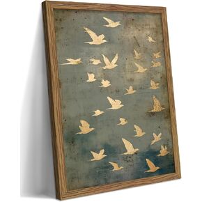 Framed Flock of Birds Canvas Wall Art, Vintage Minimalist Abstract Landscape Painting, Neutral Gold Birds Spiritual Wall Decor, Modern Aesthetic Pictures for Bedroom Living Room 8x10 inch in Saudi Arabia