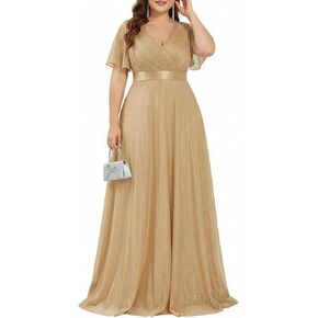 فستان سهرة نسائي من Ever-Pretty Plus مقاس كبير ورقبة على شكل حرف V وأكمام طويلة لامعة بطيات 50159 in Saudi Arabia