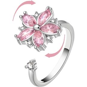 Pink Cherry Blossom Spinning Ring for Women - Adjustable Anxiety Relief Fidget Jewelry, Floral Rotating Stress Ring with Crystal Blossom Design. in Saudi Arabia