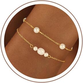 Valentines Day Gifts for Her Pearl Bracelet - Dainty 18K Gold Plated Pearl Heart Daisy Beaded Bracelet Stack Beach Jewelry Bracelets Valentines Gifts for Mom Daughter Wife Girlfriend in Kuwait