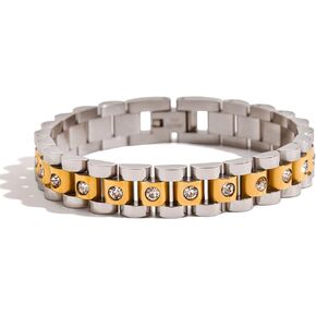 18K Gold Plated Chunky Link Bracelet for Women - Waterproof Stainless Steel Chain Bracelet with CZ Stones - Stackable Bold Statement Jewelry - Tarnish Free Hypoallergenic Gifts for Her 7" in Kuwait
